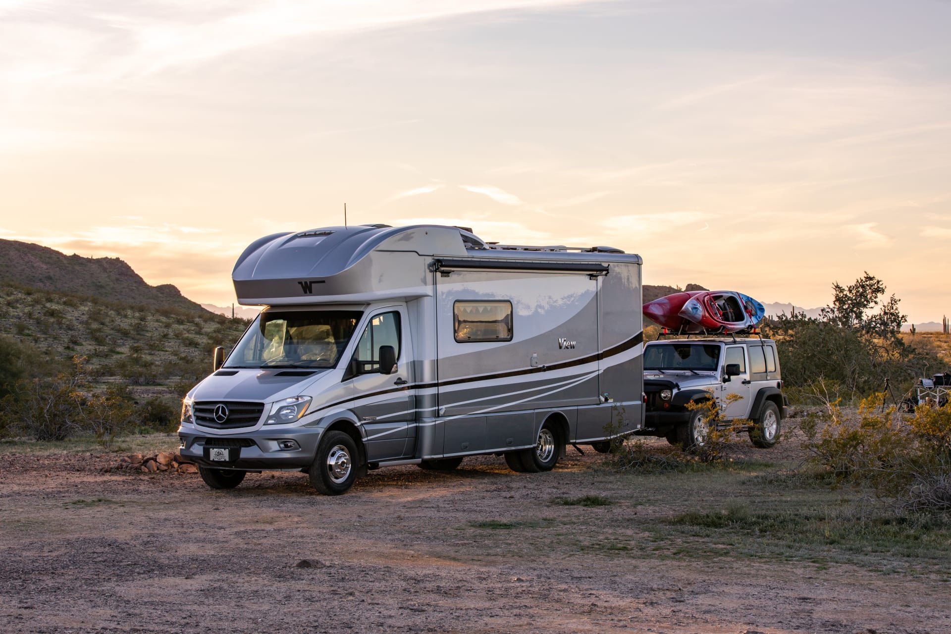 Class B RV Flat Towing Jeep Wrangler Sunset